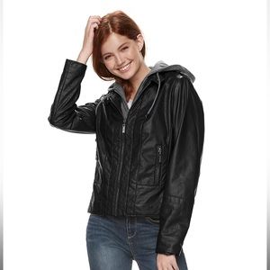 NWT Juniors J-2 Hooded Faux-Leather Moto Jacket